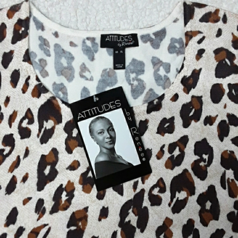 NWT Attitudes by Renee Pullover Sweater XL Leopard Print Browns 3/4 Sleeve